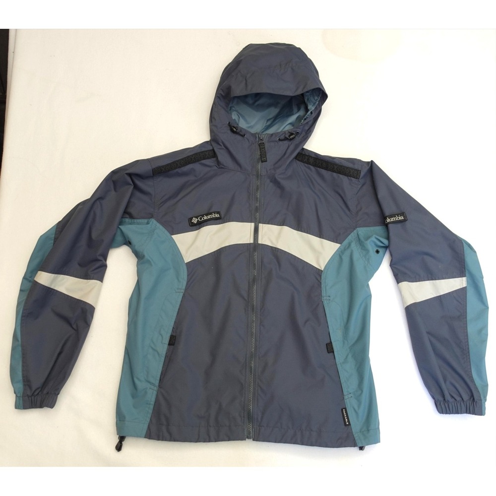Columbia Windbreaker Jacket Womens Medium Blue Colorblock Hooded Full Zip Hiking